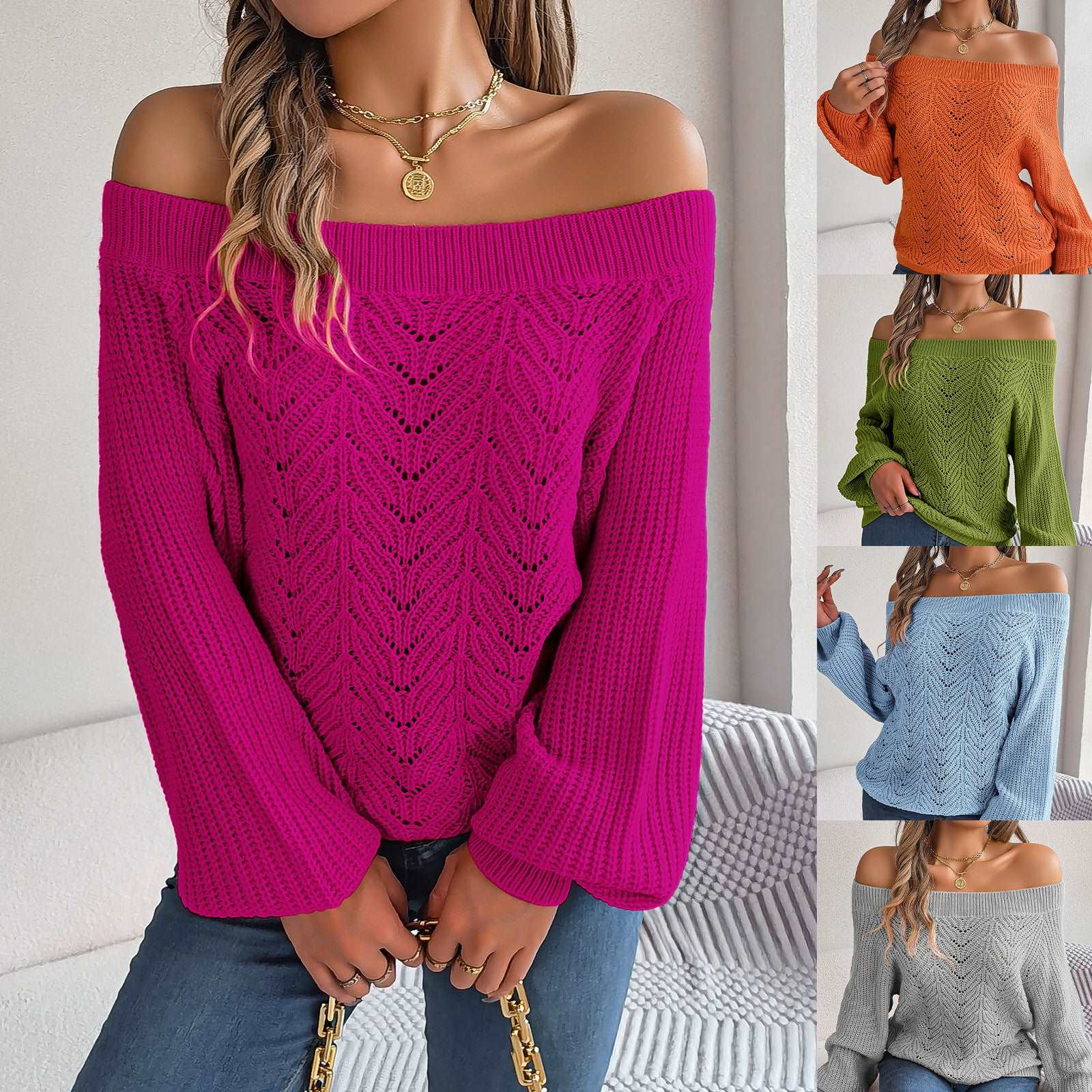 Leisure women's sweater with solid colour, off-neck, hollow-out, off-the-shoulder design, and lantern sleeves