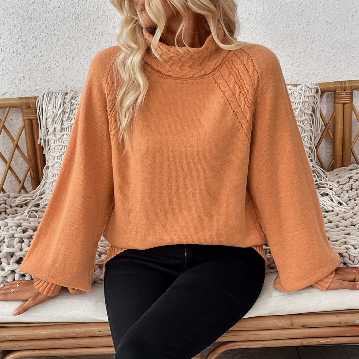 Women's casual turtleneck sweater with twisted weaving and princess sleeves