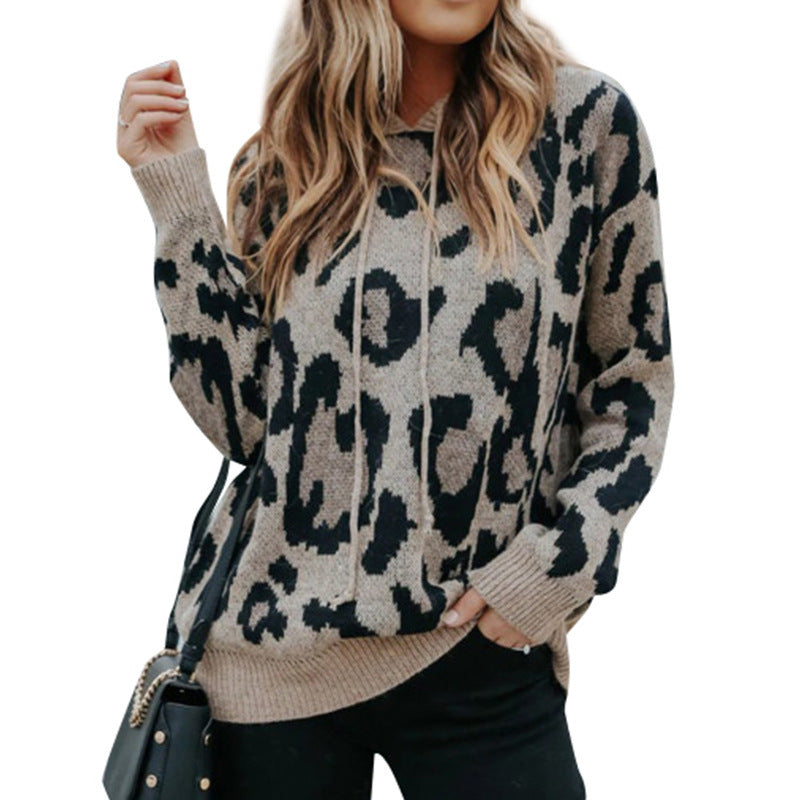 Exotic leopard print hooded sweater, a loose pullover designed for women