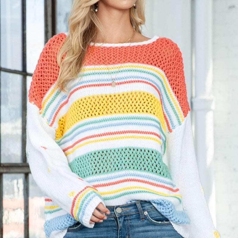 Women's round neck sweater - dopamine contrast, striped pullover