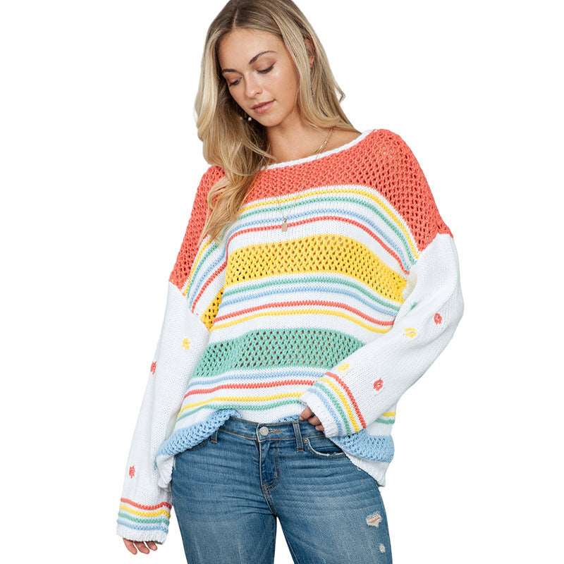 Women's round neck sweater - dopamine contrast, striped pullover