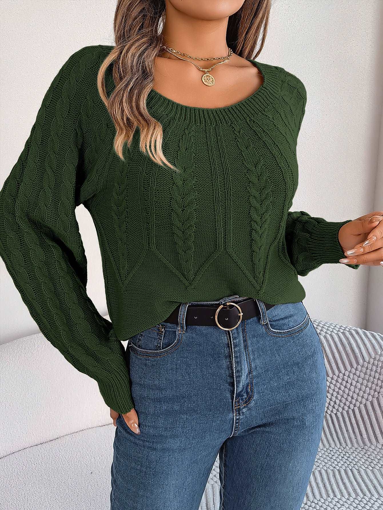 Leisure solid colour twist long sleeve knitted sweater for women's