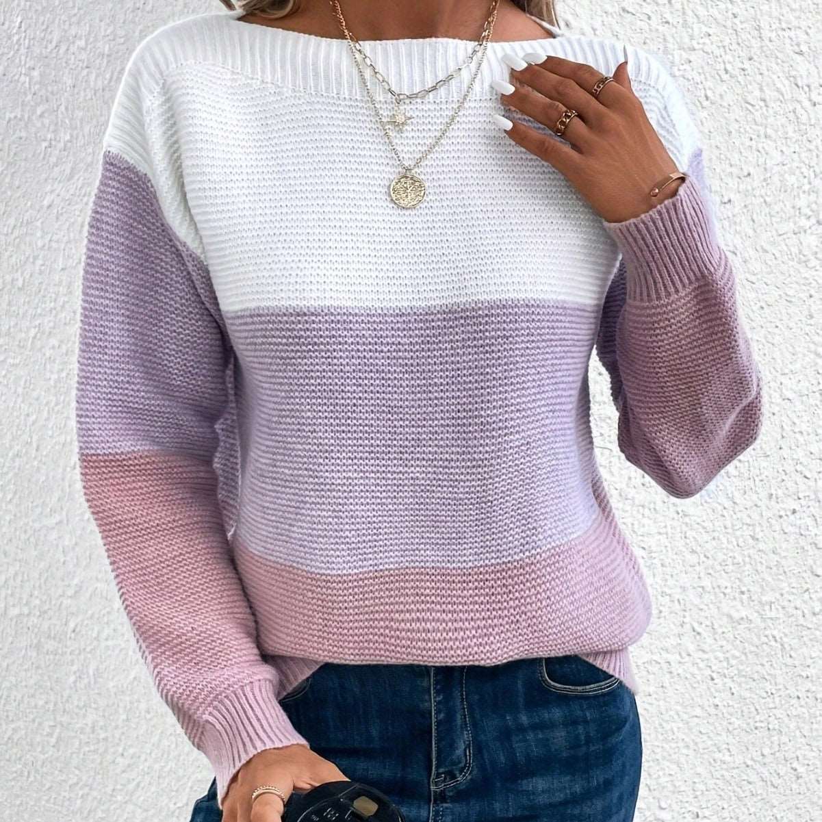 "Women's round neck splicing knitwear loose top wool sweater"