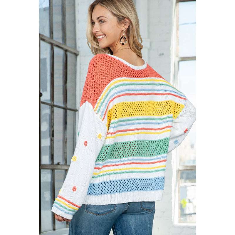 Women's round neck sweater - dopamine contrast, striped pullover