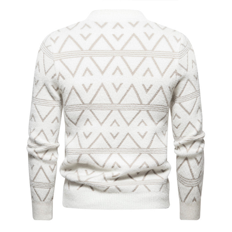 Men's geometric pattern round neck thick pullover sweater