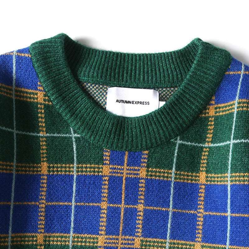 "Men's hip-hop trend: all-matching striped plaid sweater."