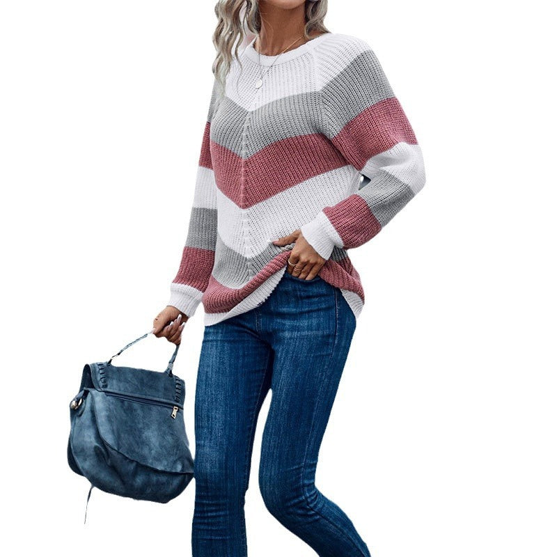 Casual modern crew neck knitted sweater for women with stripes