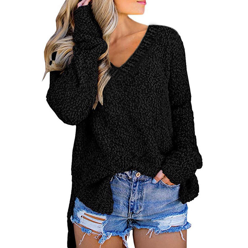 Stylish women's grain fleece V-neck pullover sweater