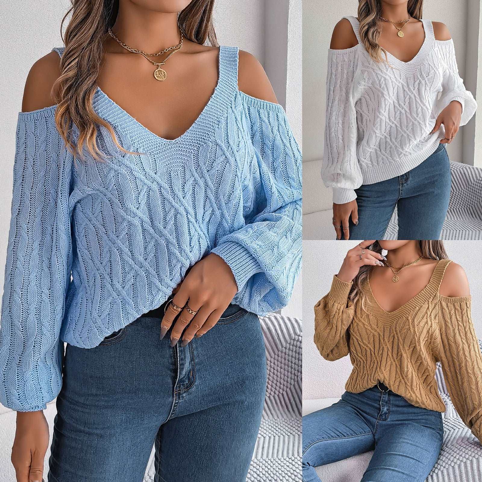 "Off-the-shoulder twist lantern sleeve women's sweaters."