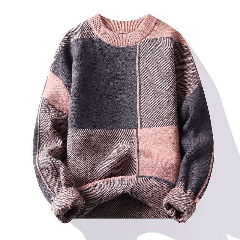 Men's thickened knitted sweater with a round neck, square pattern, and long sleeves