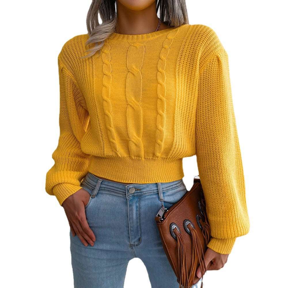 Leisure twist lantern sleeve knitted sweater with waist trimming for women