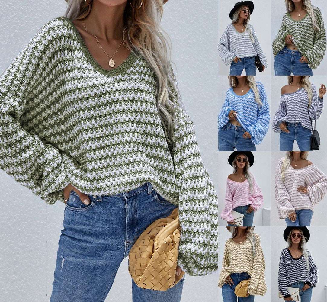 "Striped V-neck Women's Sweater."