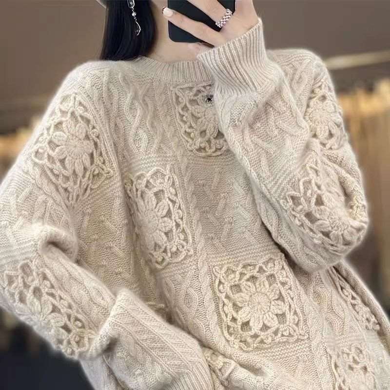 "Women's round neck crocheted hollow knit sweater."