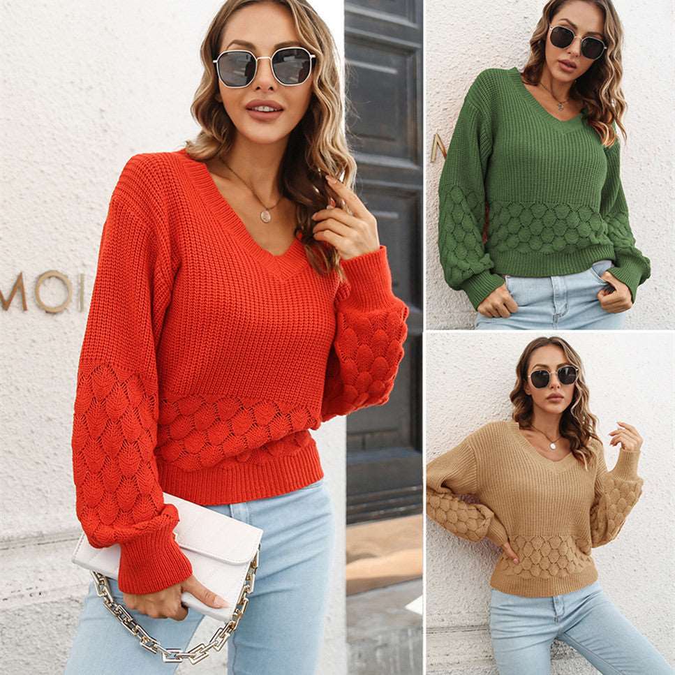 Women's three-dimensional feather loose lantern knitted sleeve sweater