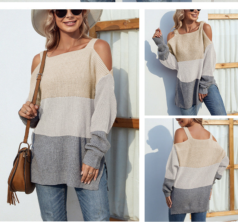 Contrast color women's off-the-shoulder sweater