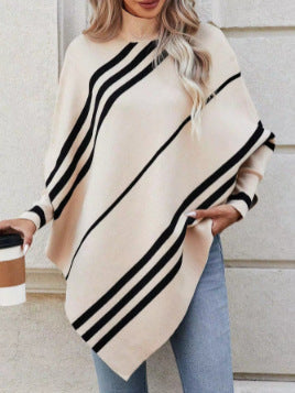 Striped cashmere cape sweater for women with batwing sleeves and a half-turtleneck