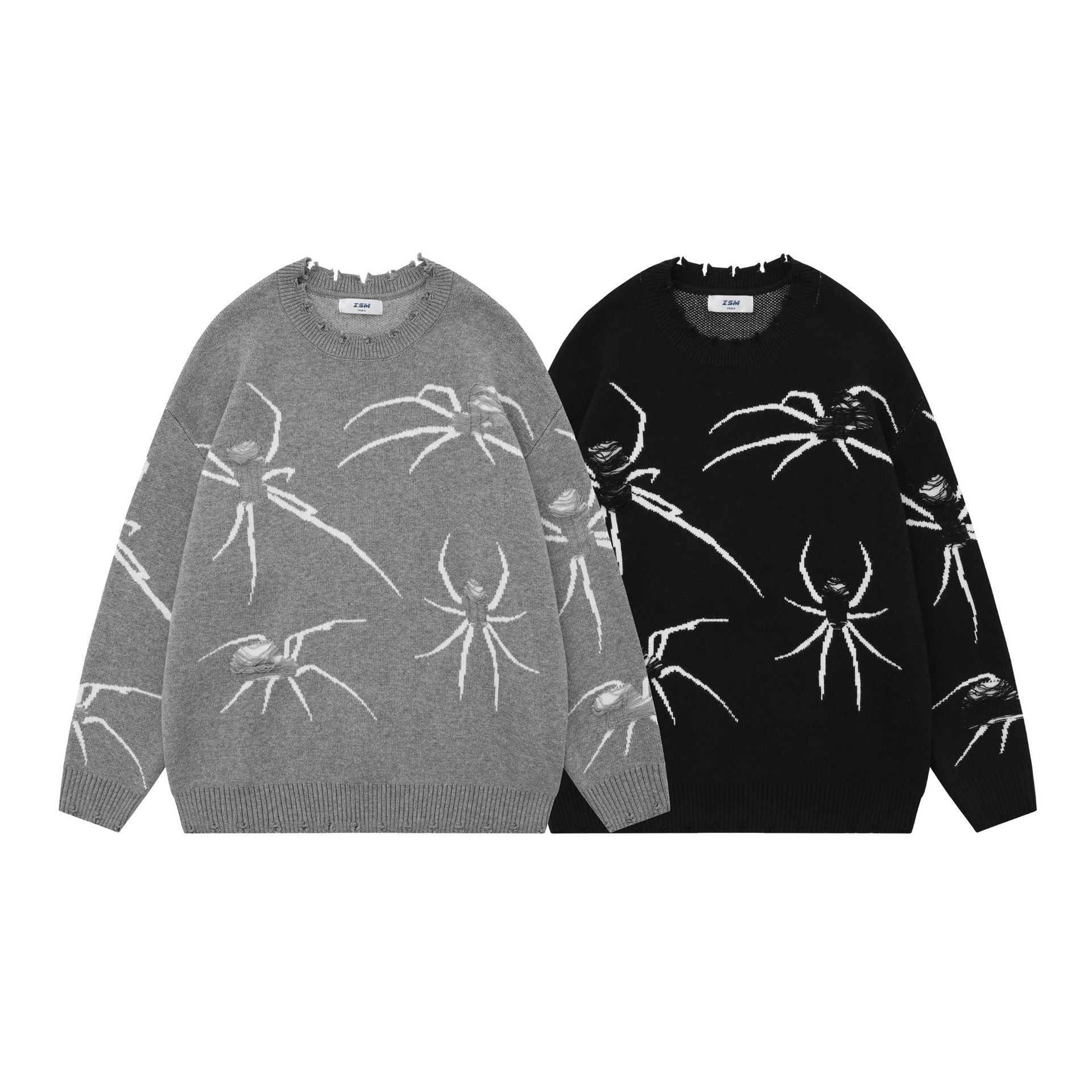 This stylish ripped sweater combines American street fashion with a unique spider design for an eye-catching and contemporary look