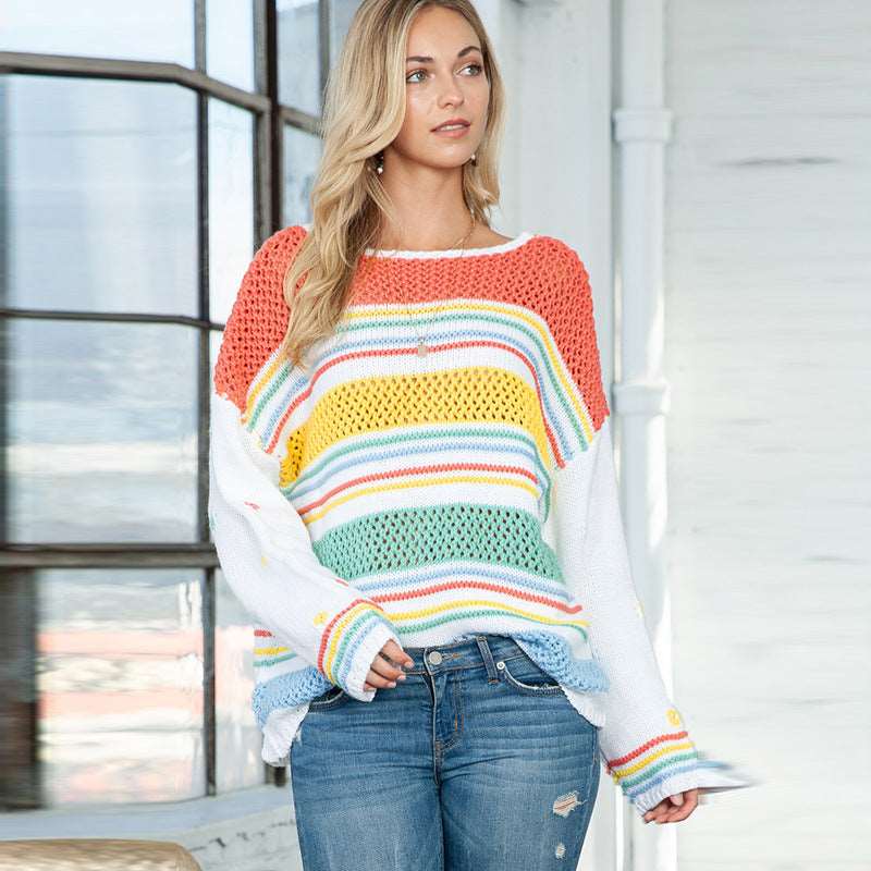 Women's round neck sweater - dopamine contrast, striped pullover