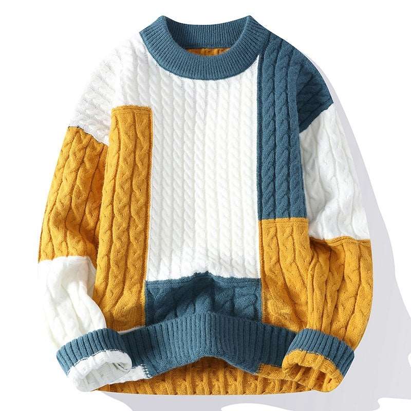 Men's crew neck pullover sweater with color contrast patchwork