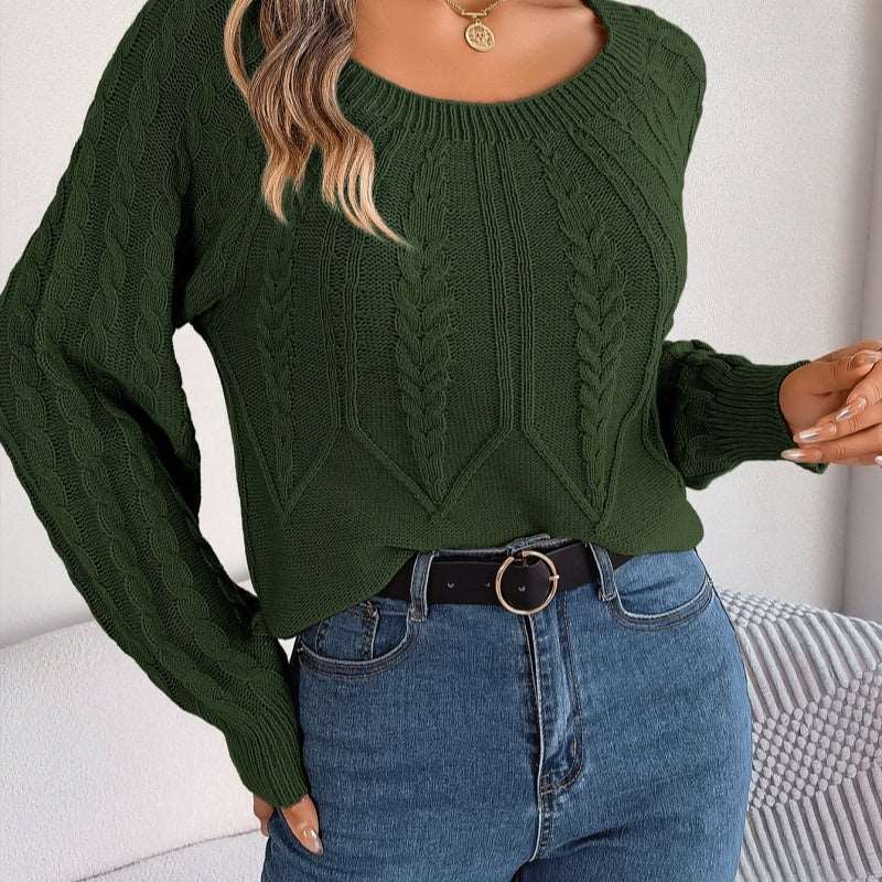 Leisure solid colour twist long sleeve knitted sweater for women's