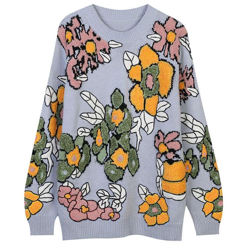 "Women's floral jacquard knit sweater, featuring long sleeves and a casual loose fit."