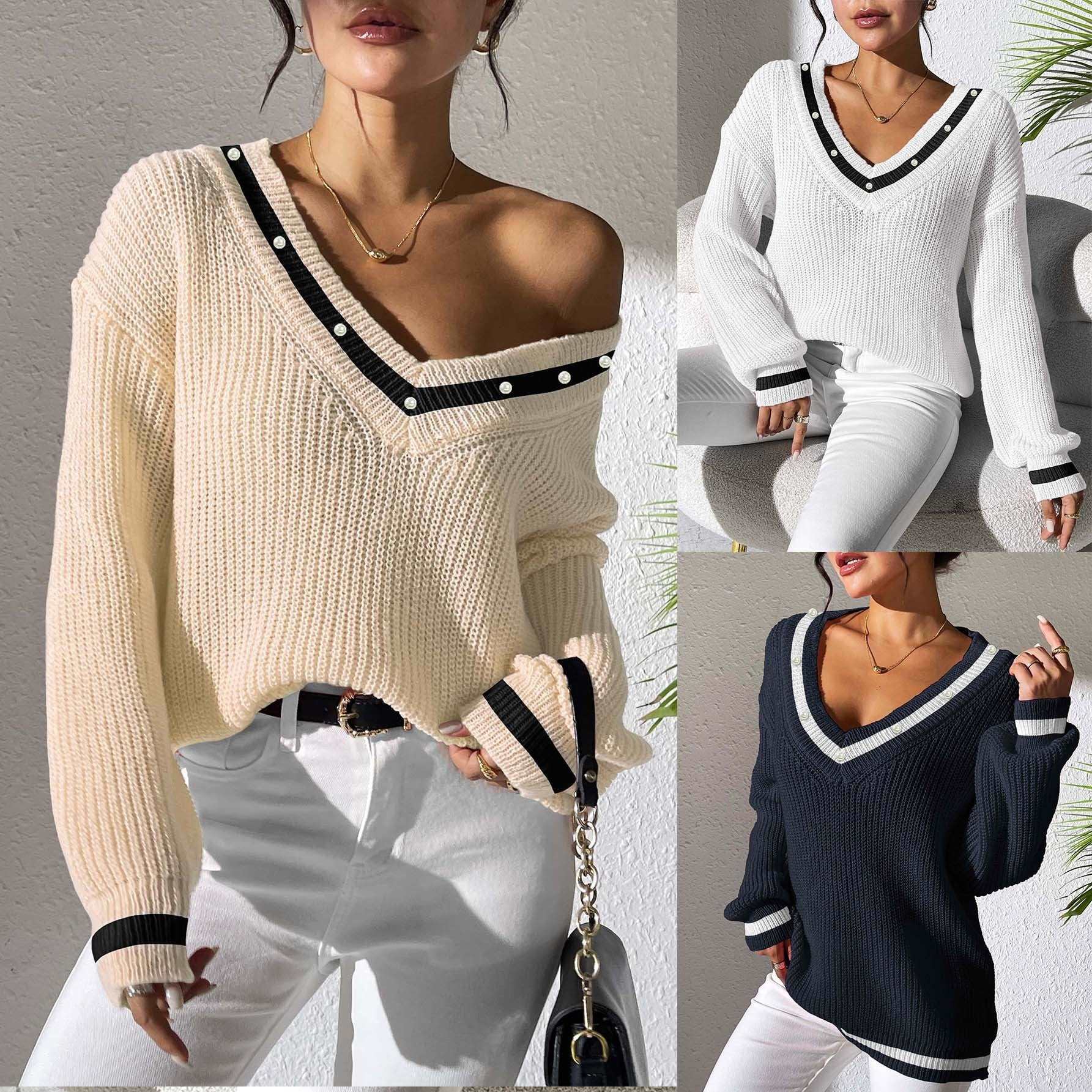 Women's stylish V-neck sweater with long sleeves and contrast colors