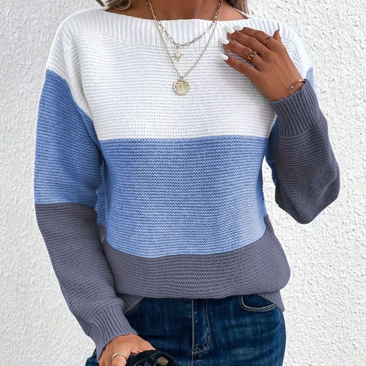 "Women's round neck splicing knitwear loose top wool sweater"