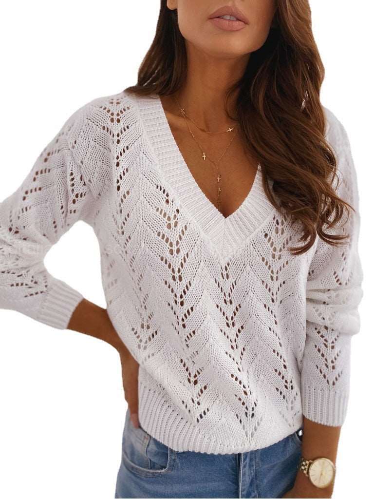 Stylish women's V-neck knit sweater with solid color and hollow-out details