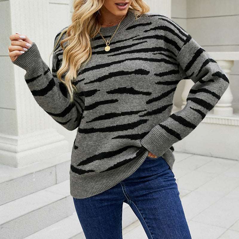 "Striped tiger pattern color matching pullover sweater for women."