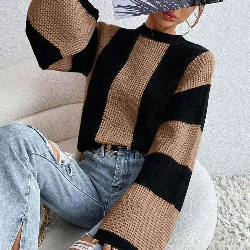 Striped knitted sweater with a round neckline for women