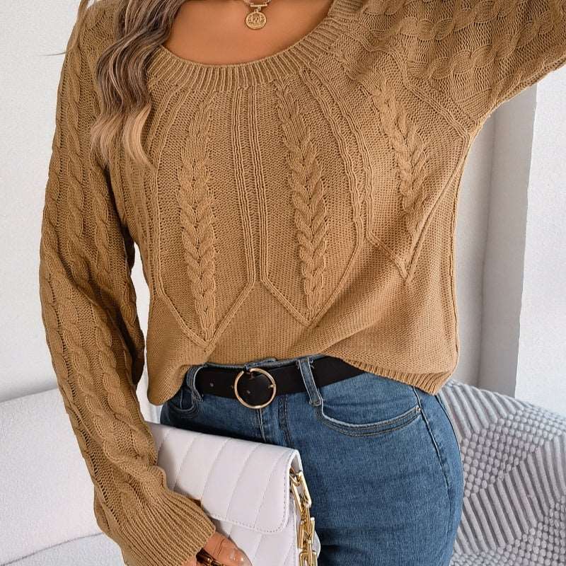 Leisure solid colour twist long sleeve knitted sweater for women's