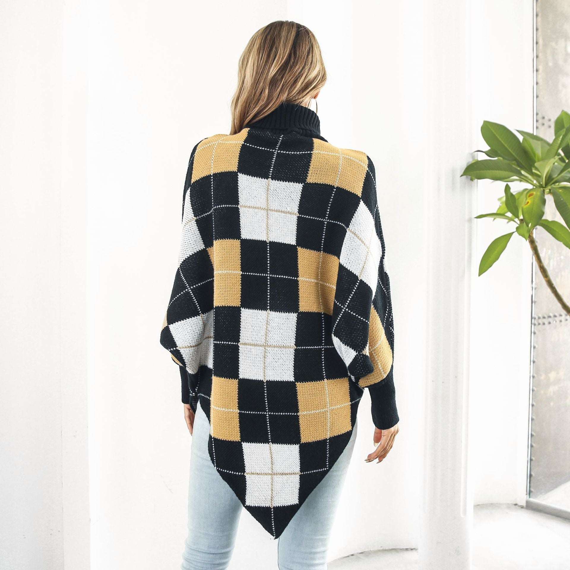 "Women's mid-length plaid jacquard cape sweater coat."