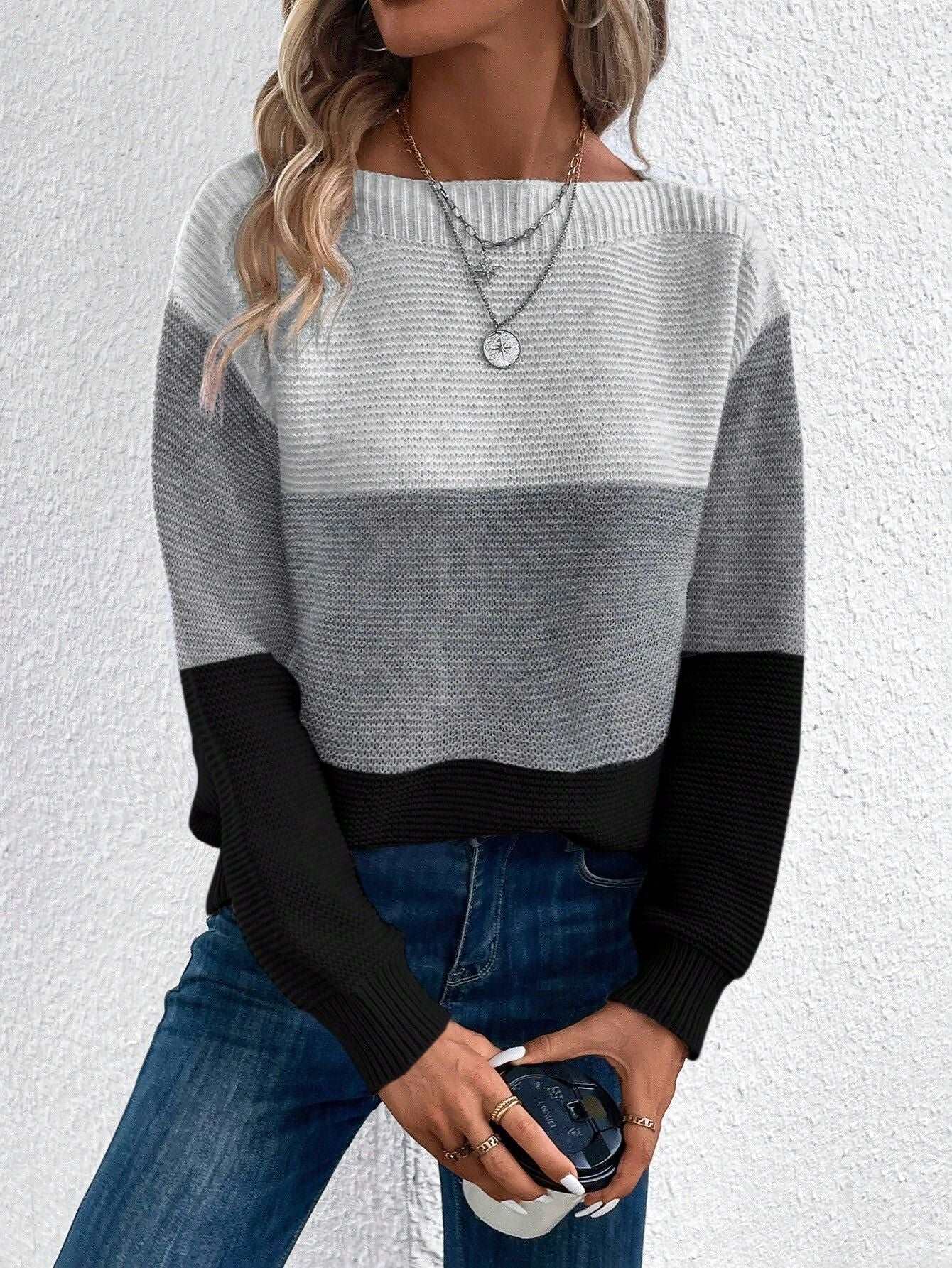 "Women's round neck splicing knitwear loose top wool sweater"