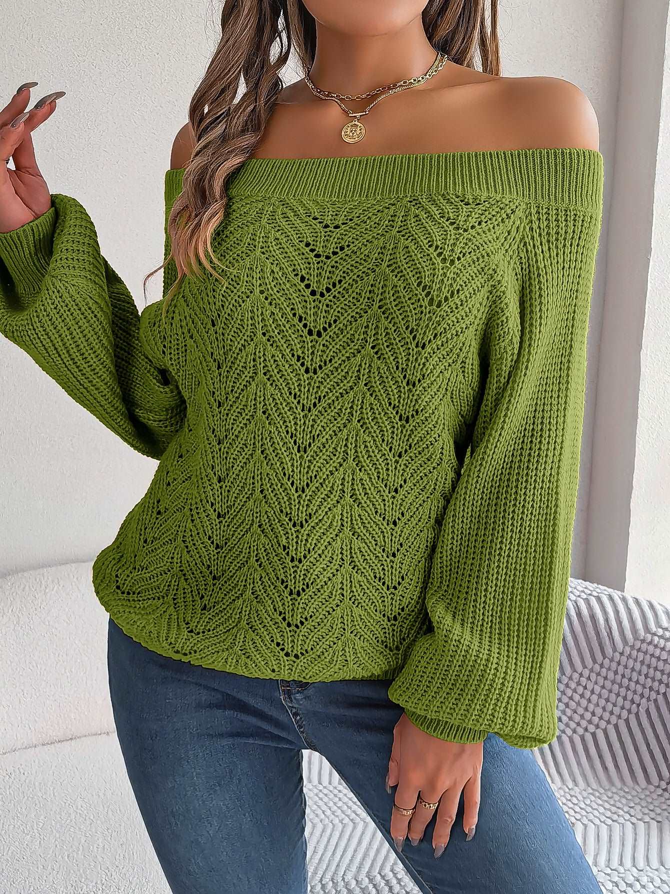 Leisure women's sweater with solid colour, off-neck, hollow-out, off-the-shoulder design, and lantern sleeves