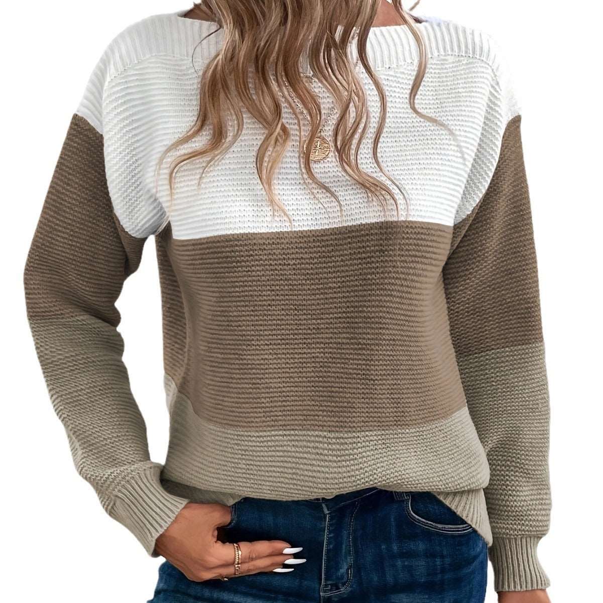 "Women's round neck splicing knitwear loose top wool sweater"