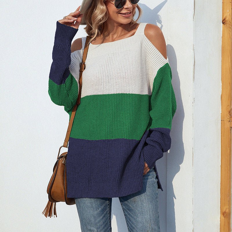 Contrast color women's off-the-shoulder sweater