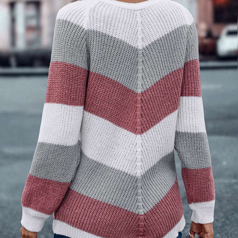 Casual crew neck knitted sweater for women's with stripes