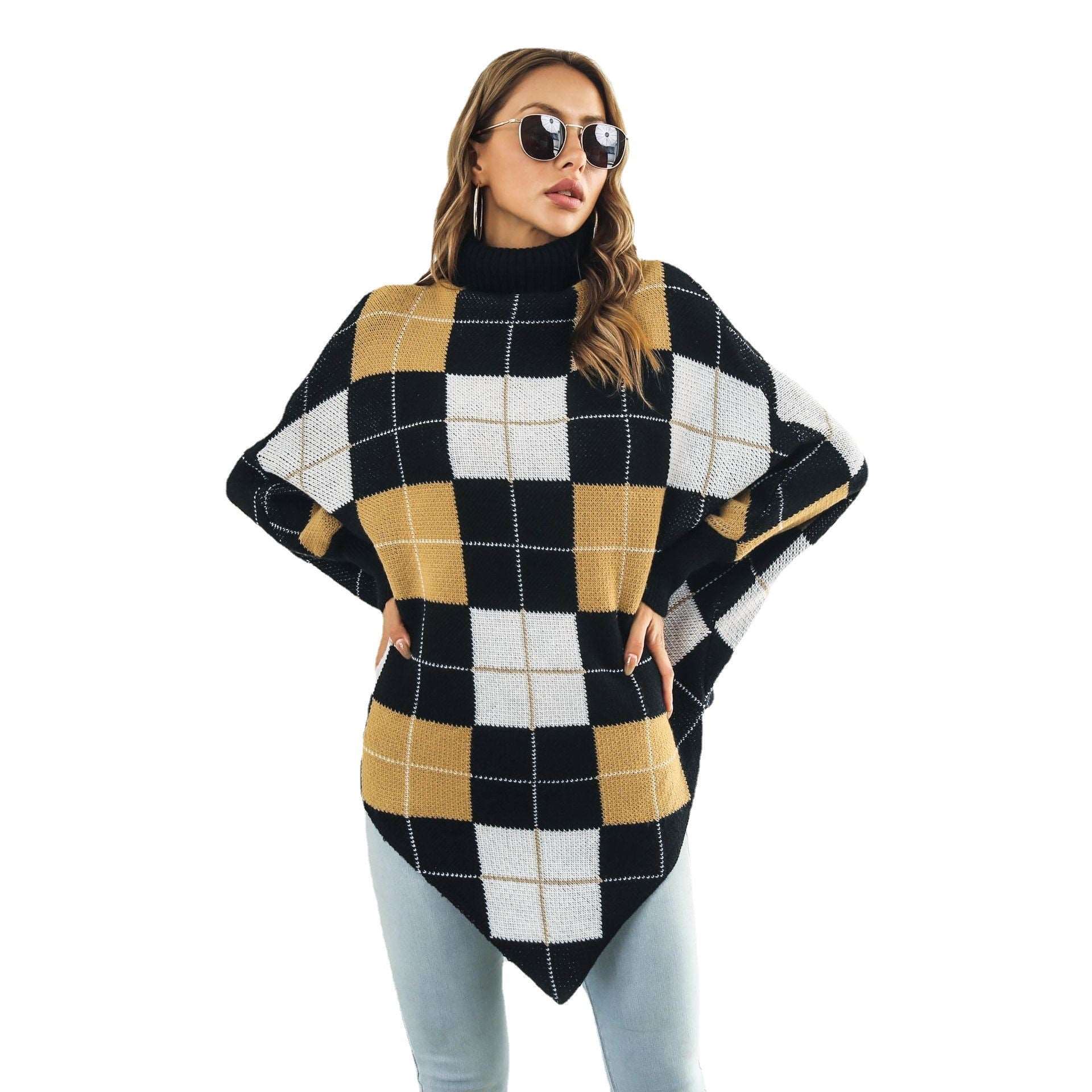 "Women's mid-length plaid jacquard cape sweater coat."