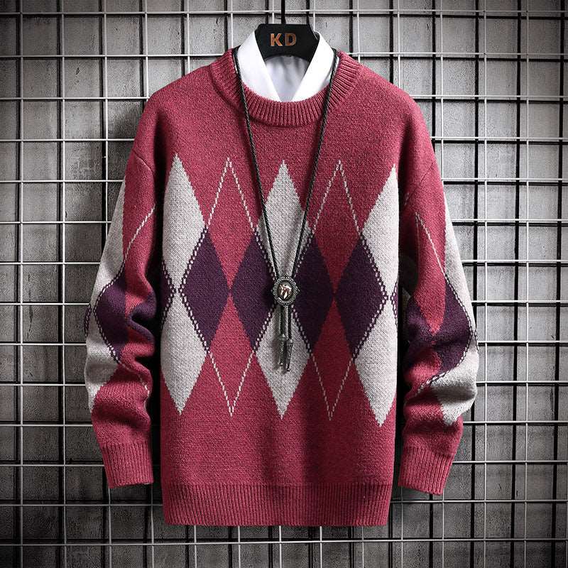 "Men's loose plaid trend round neck sweater."