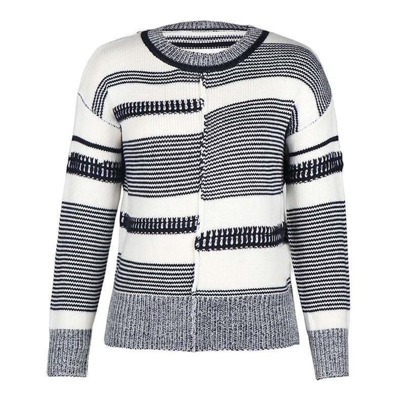 Modern knitted black and white striped sweater for women with a loose fit