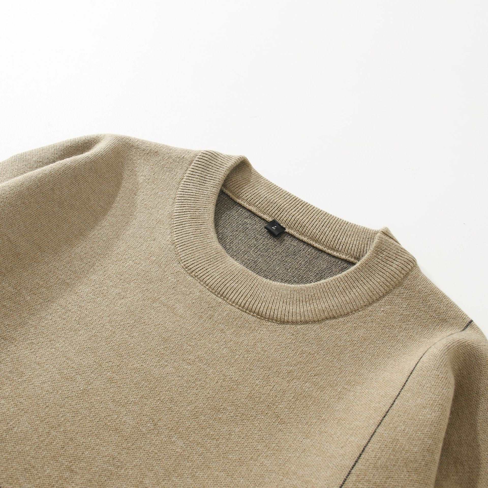 "Men's round neck long sleeve sweater featuring irregular lines, a fashion-forward choice."