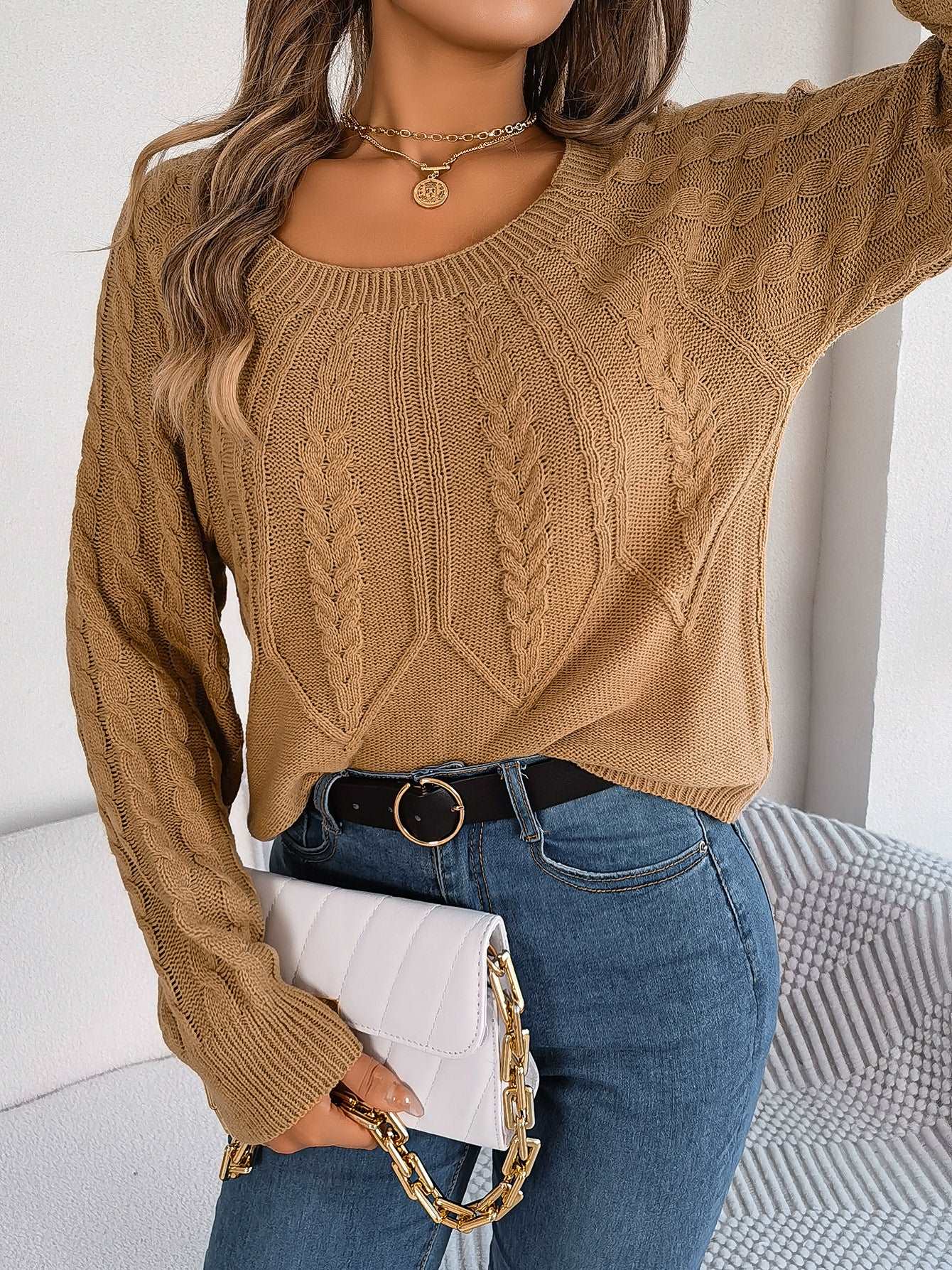 Leisure solid colour twist long sleeve knitted sweater for women's