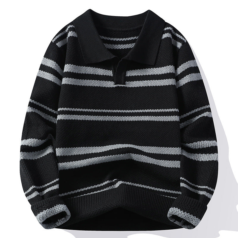 Men's comfortable striped sweater featuring an open collar and no buttons