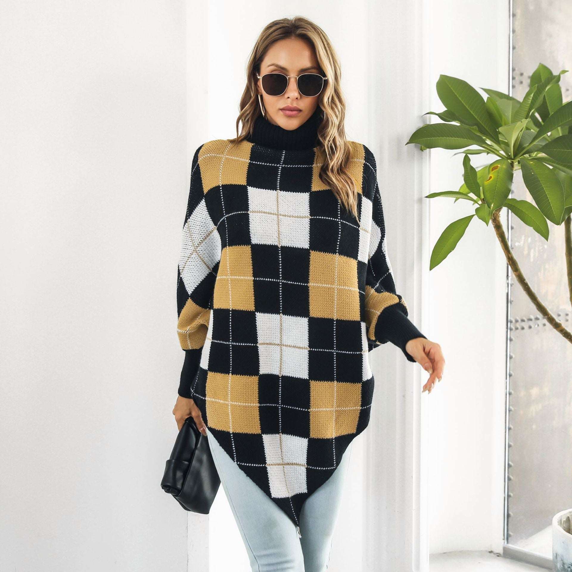 "Women's mid-length plaid jacquard cape sweater coat."