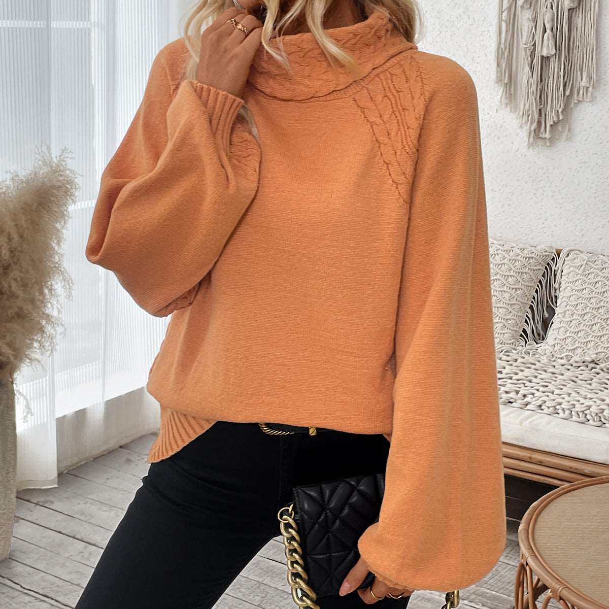 Women's casual turtleneck sweater with twisted weaving and princess sleeves