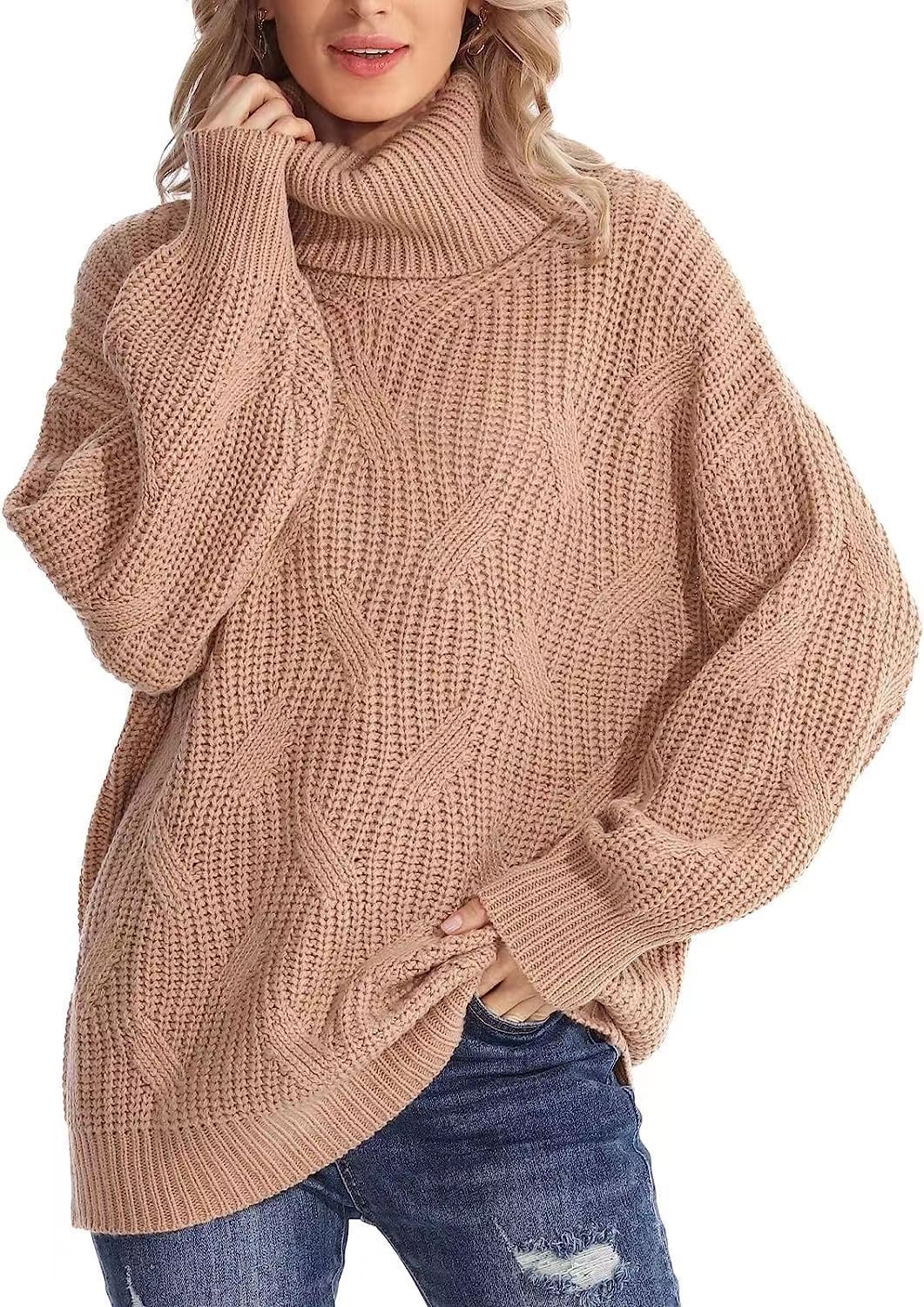 Women's loose high-collar twisted knitted sweater pullover with long sleeves