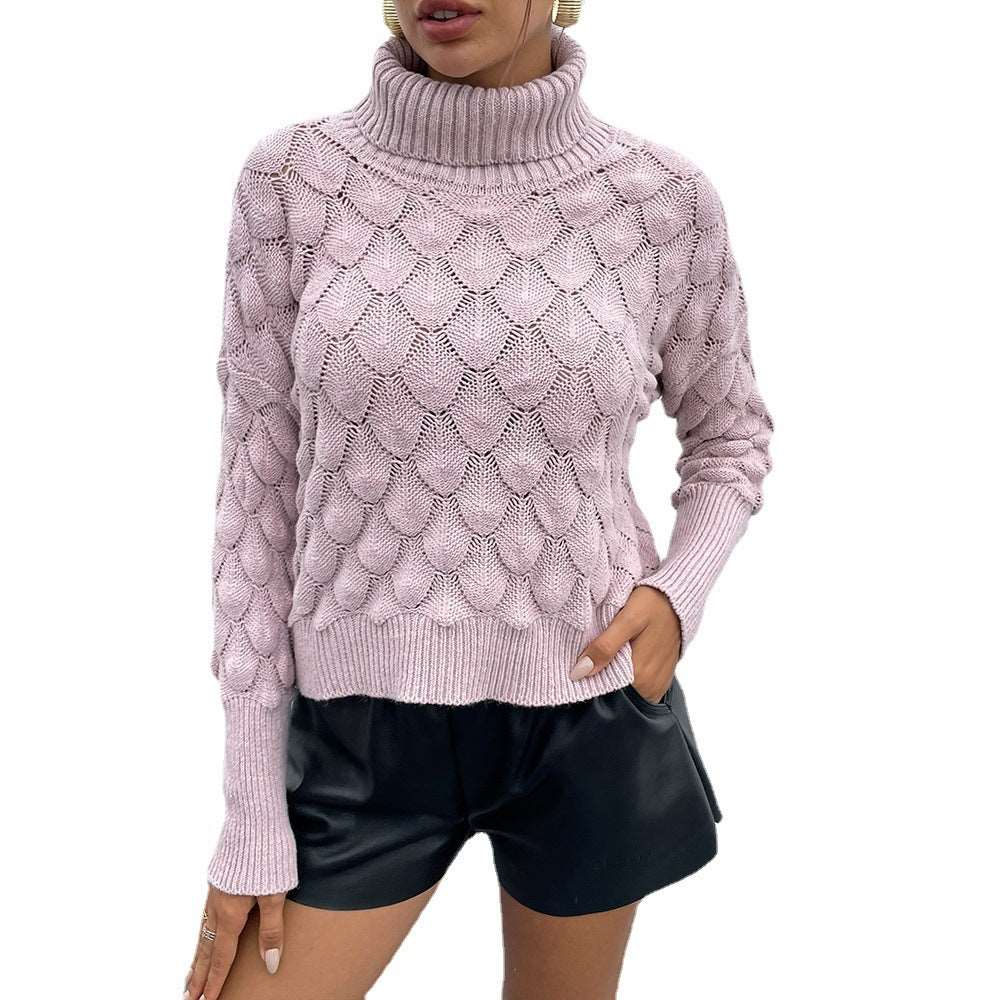 Women's solid colour turtleneck pullover rhombus knitted sweater