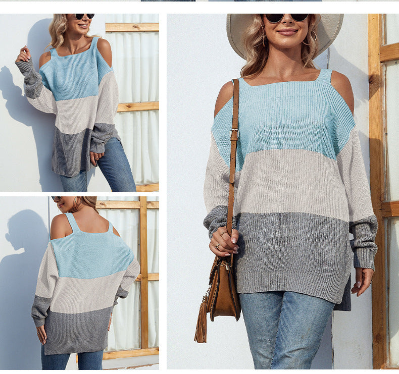 Contrast color women's off-the-shoulder sweater