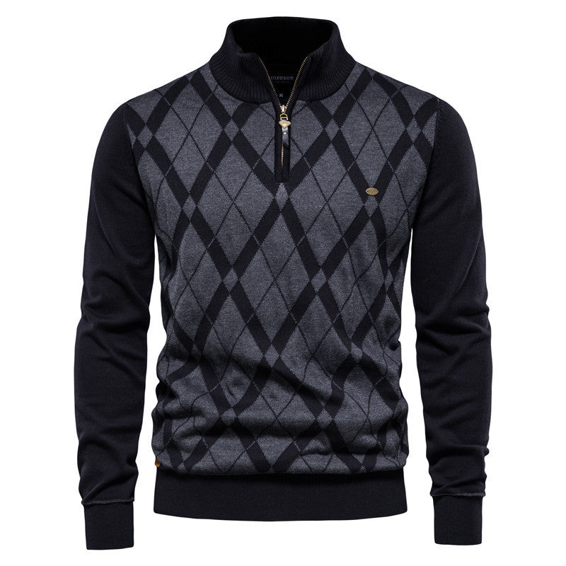 Stylish half-zip men's casual sweater with jacquard knitting details