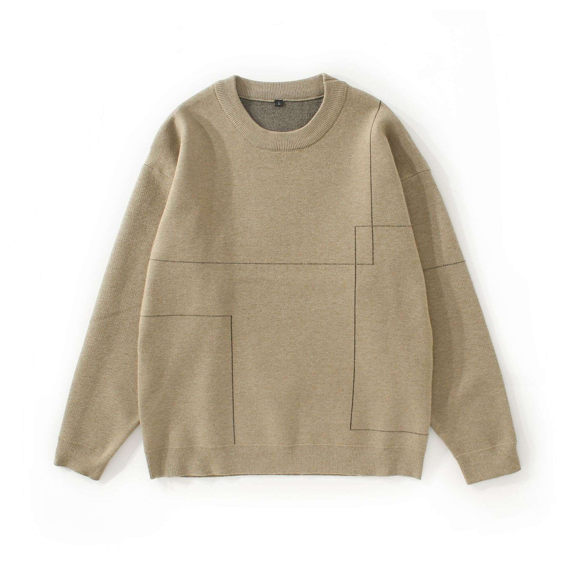 "Men's round neck long sleeve sweater featuring irregular lines, a fashion-forward choice."